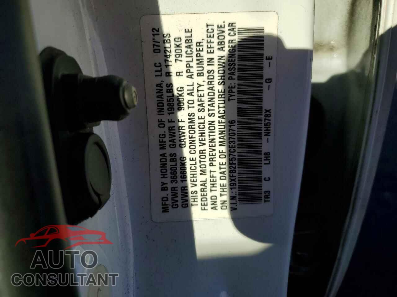 HONDA CIVIC 2012 - 19XFB2F57CE370716