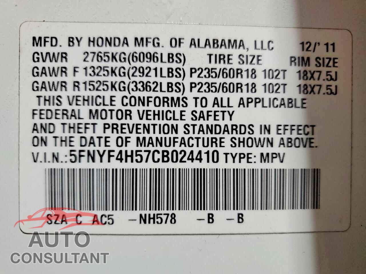 HONDA PILOT 2012 - 5FNYF4H57CB024410