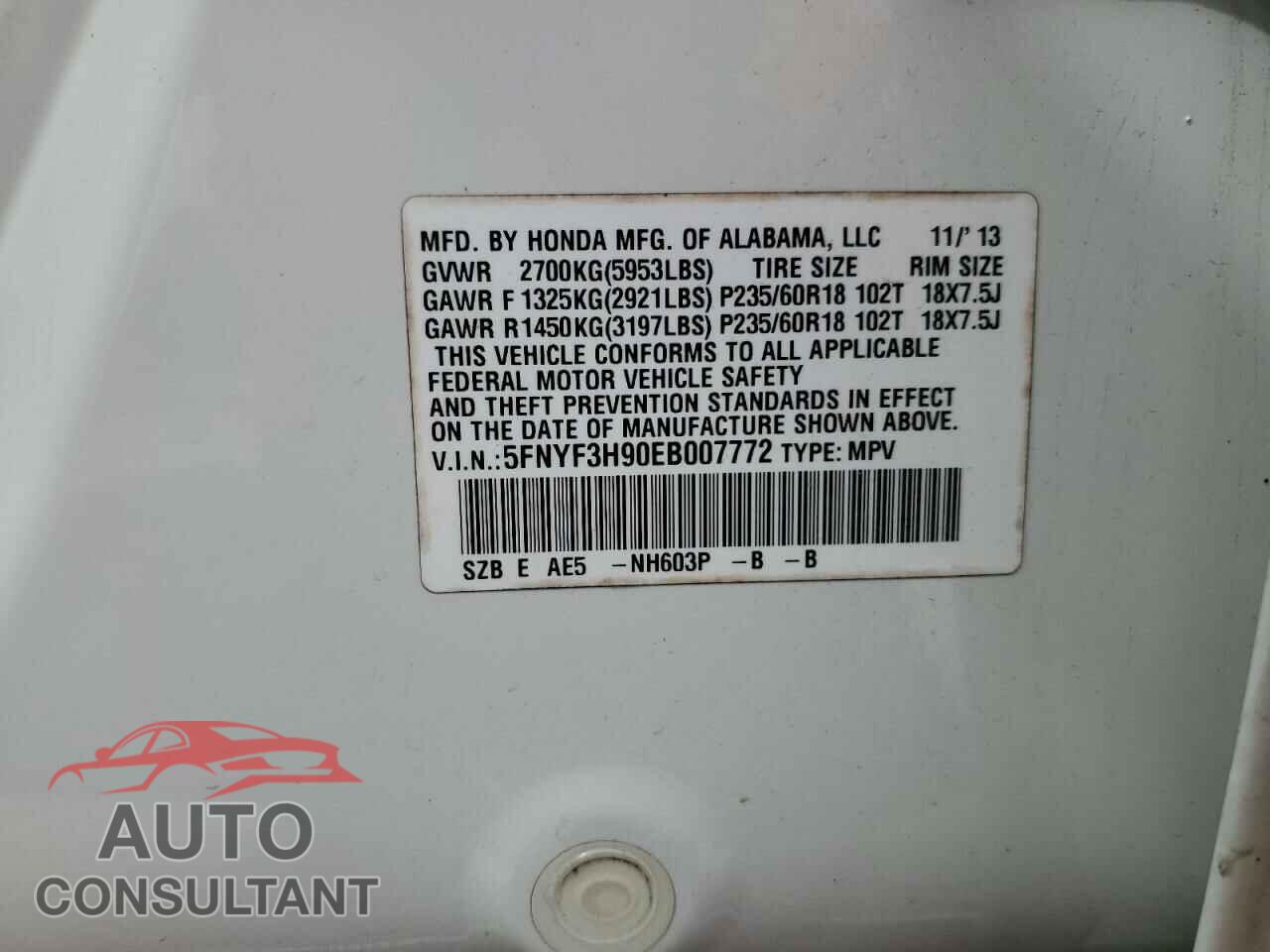 HONDA PILOT 2014 - 5FNYF3H90EB007772