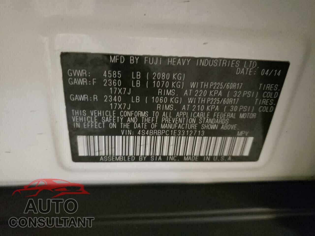 SUBARU OUTBACK 2014 - 4S4BRBPC1E3312713