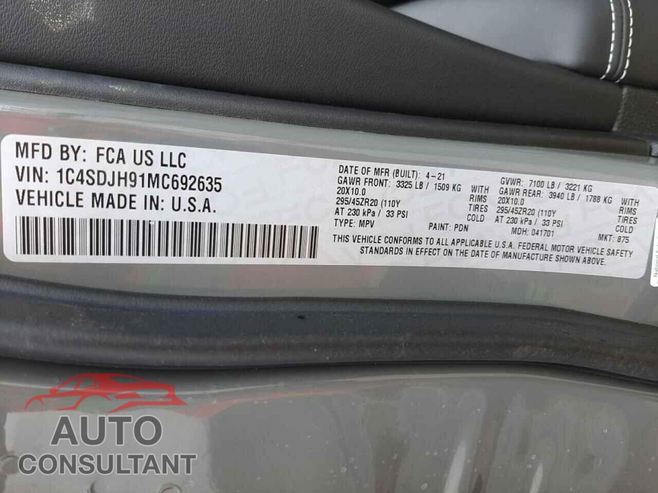 DODGE DURANGO 2021 - 1C4SDJH91MC692635