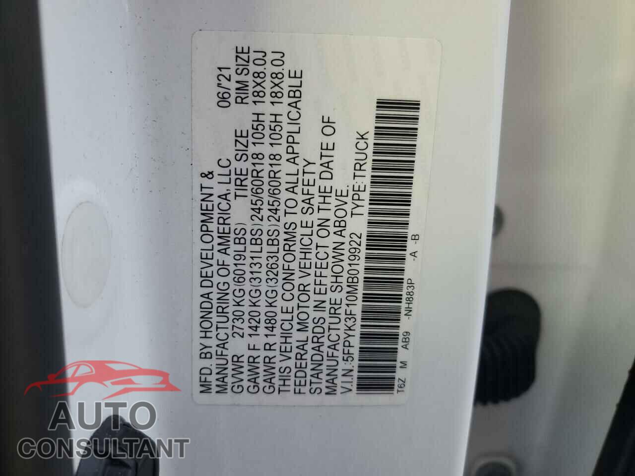 HONDA RIDGELINE 2021 - 5FPYK3F10MB019922