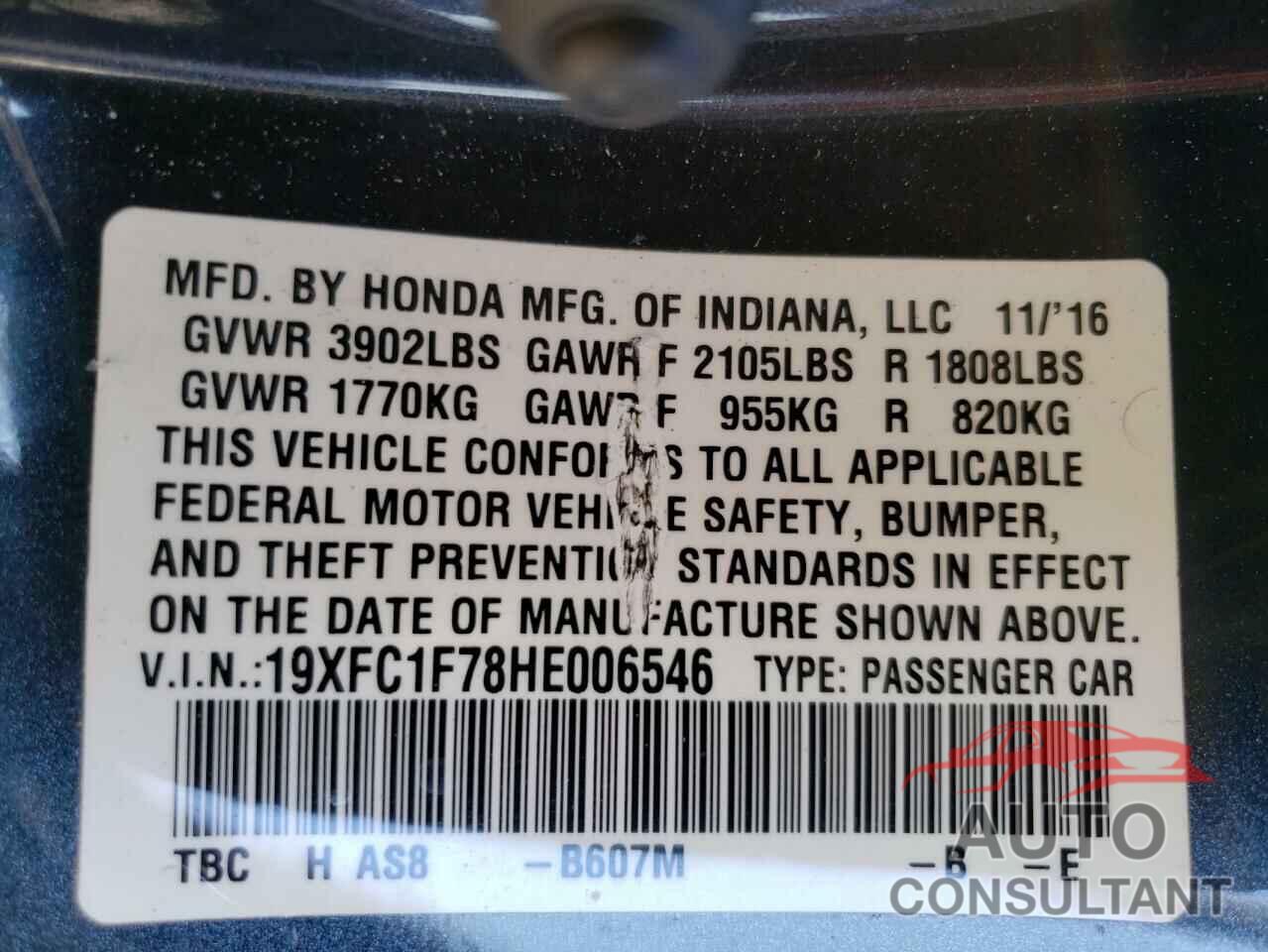 HONDA CIVIC 2017 - 19XFC1F78HE006546