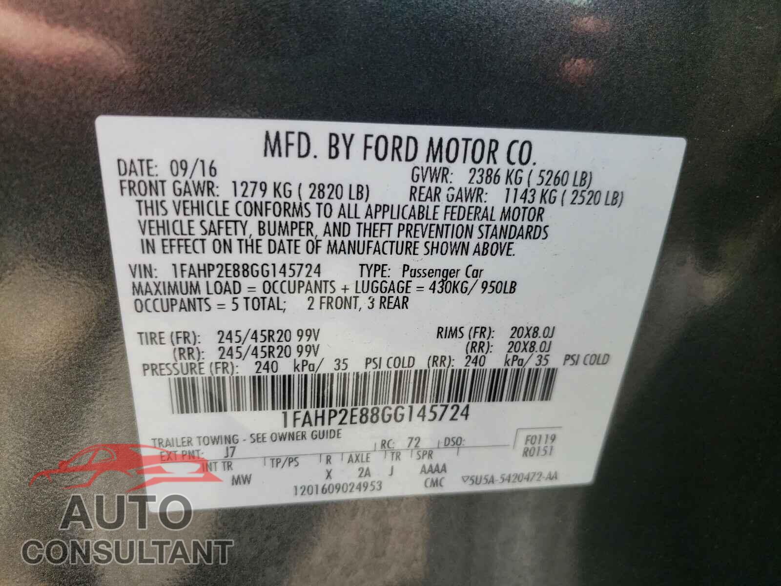 FORD TAURUS 2016 - 1FAHP2E88GG145724