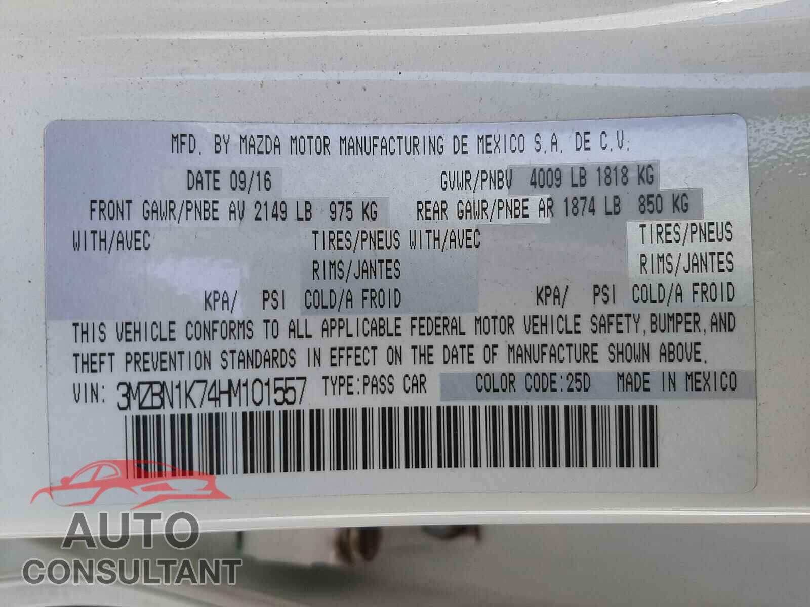 MAZDA 3 2017 - 3MZBN1K74HM101557