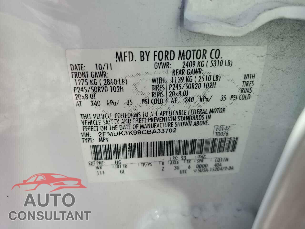 FORD EDGE 2012 - 2FMDK3K99CBA33702