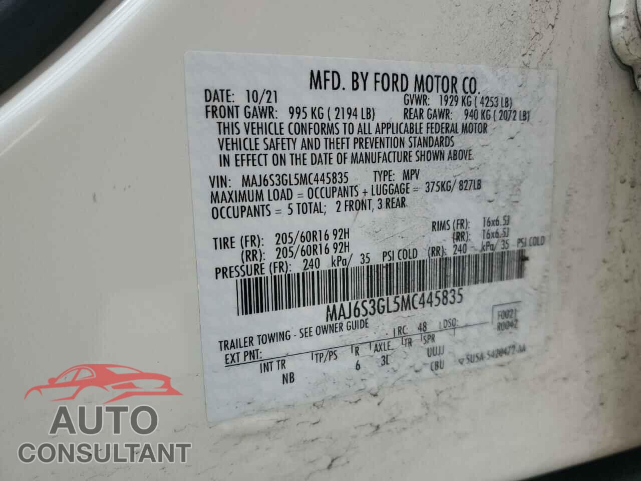 FORD ECOSPORT 2021 - MAJ6S3GL5MC445835