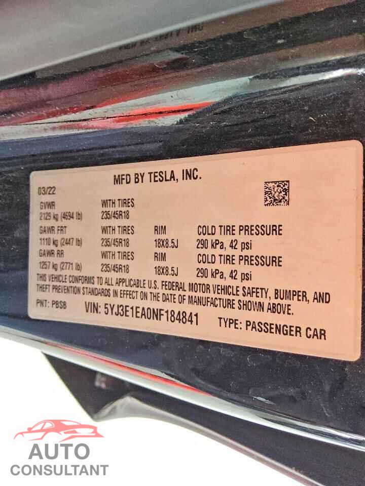 TESLA MODEL 3 2022 - 5YJ3E1EA0NF184841