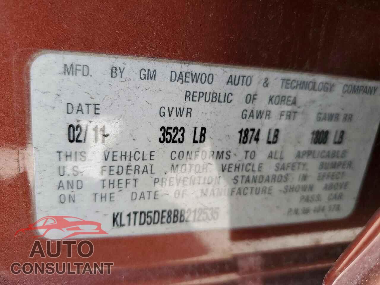 CHEVROLET AVEO 2011 - KL1TD5DE8BB212535