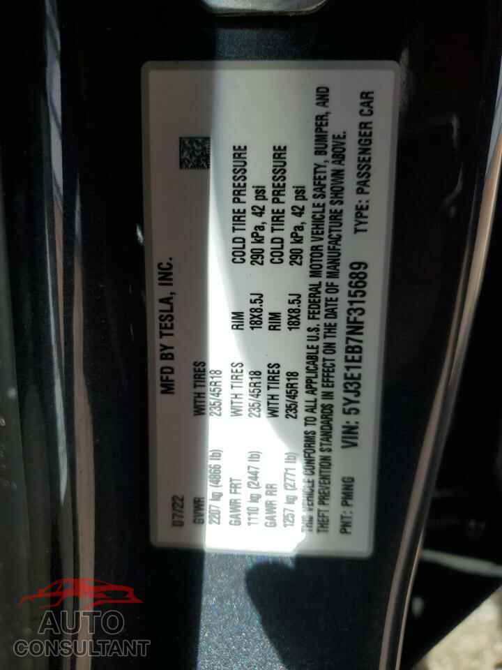 TESLA MODEL 3 2022 - 5YJ3E1EB7NF315689