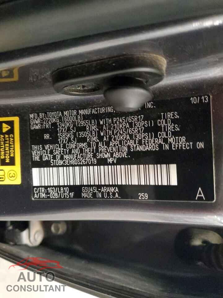TOYOTA HIGHLANDER 2013 - 5TDBK3EH8DS267019