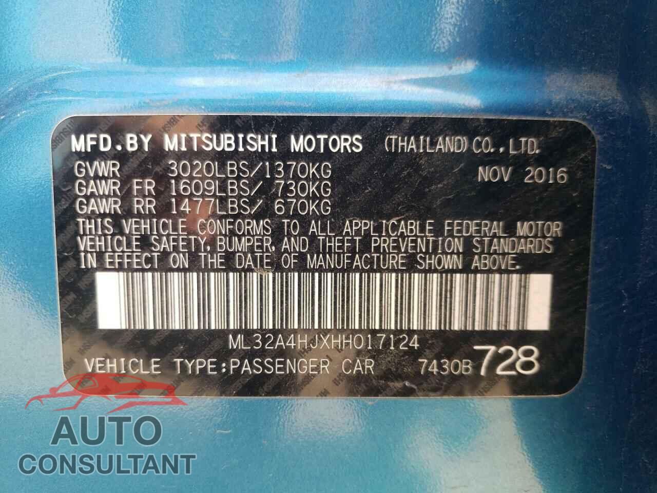 MITSUBISHI MIRAGE 2017 - ML32A4HJXHH017124
