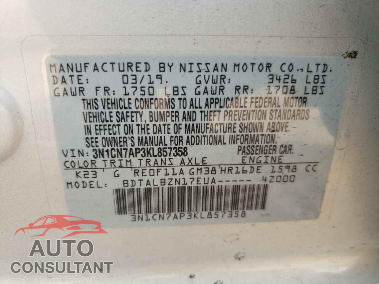 NISSAN VERSA 2019 - 3N1CN7AP3KL857358