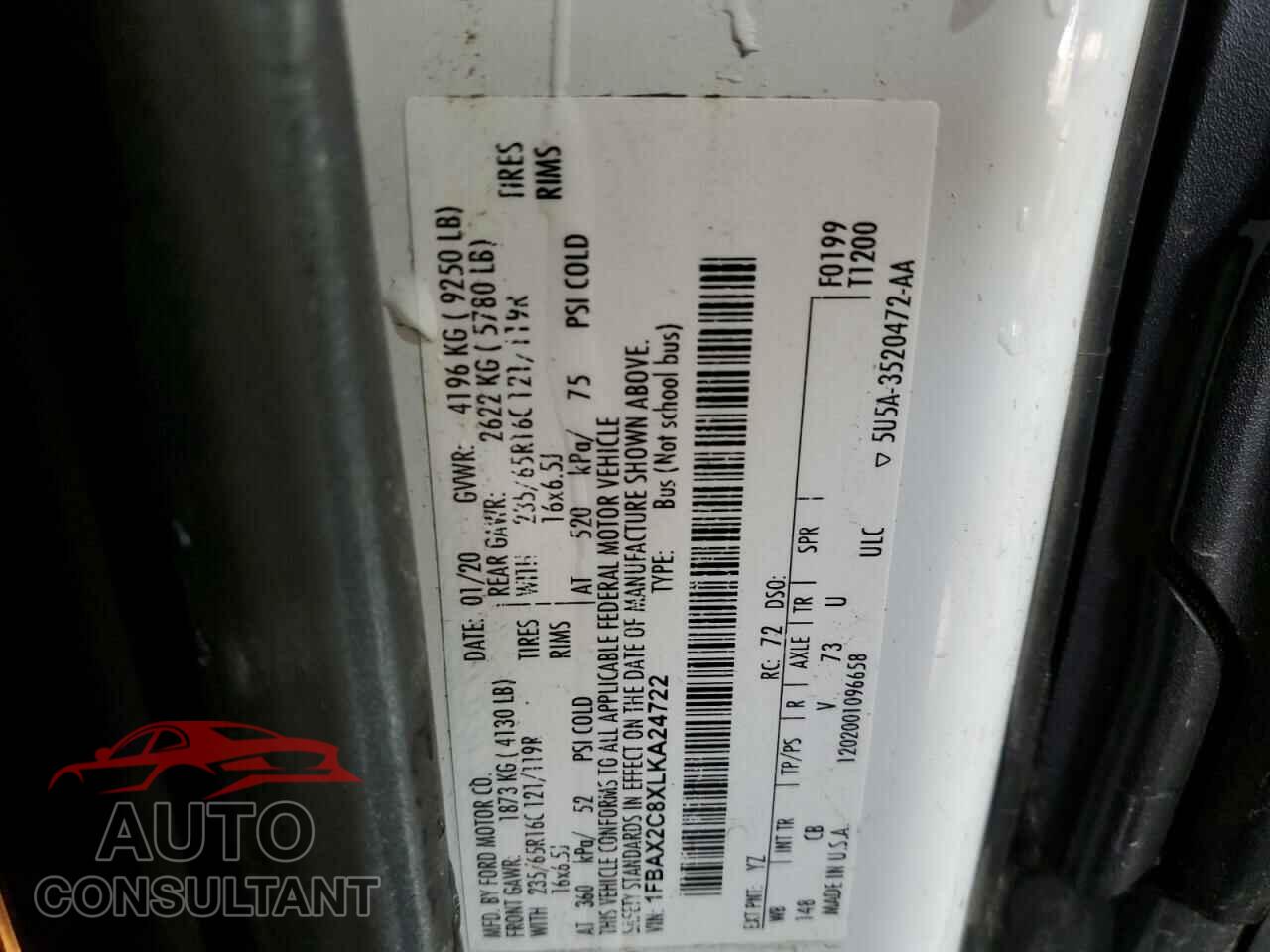 FORD TRANSIT 2020 - 1FBAX2C8XLKA24722