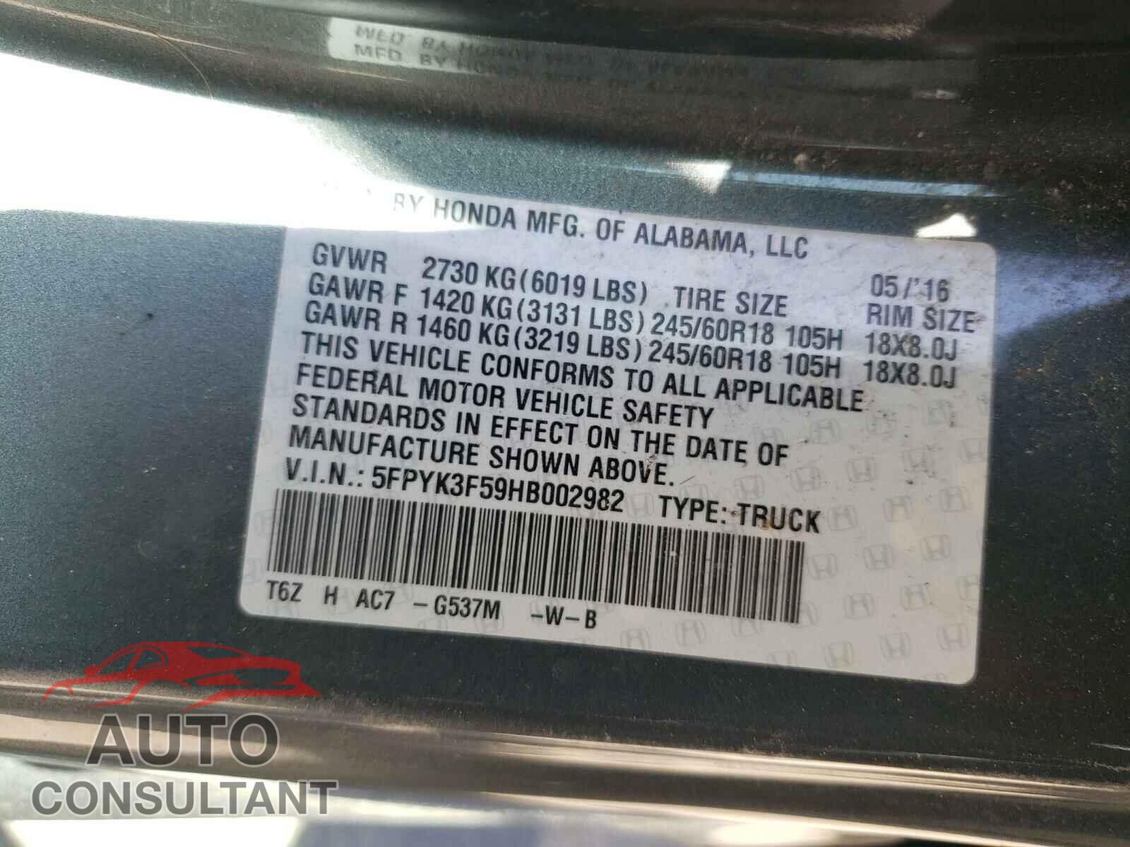 HONDA RIDGELINE 2017 - 5FPYK3F59HB002982