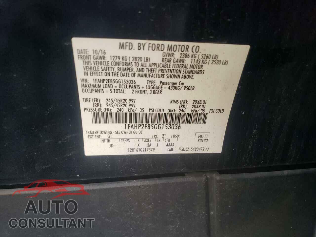 FORD TAURUS 2016 - 1FAHP2E85GG153036