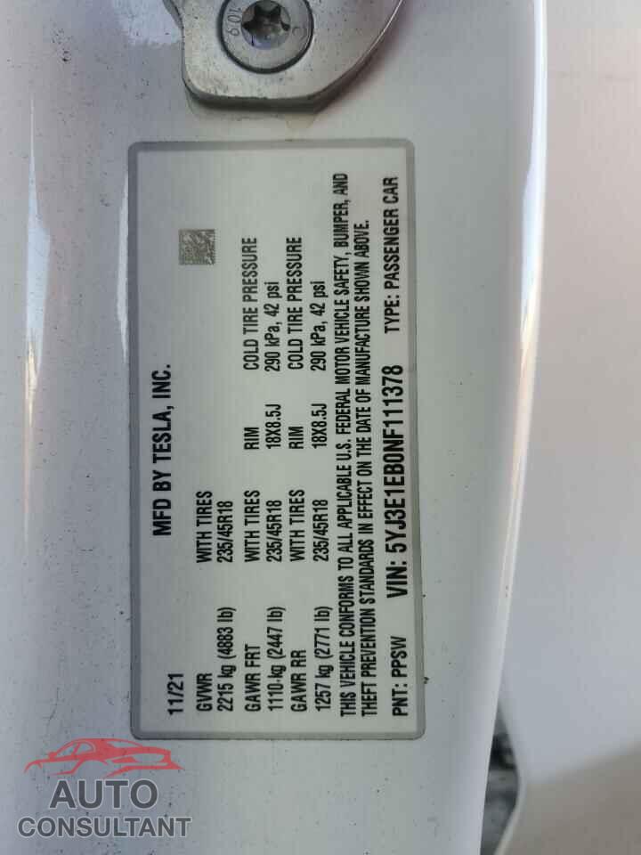 TESLA MODEL 3 2022 - 5YJ3E1EB0NF111378