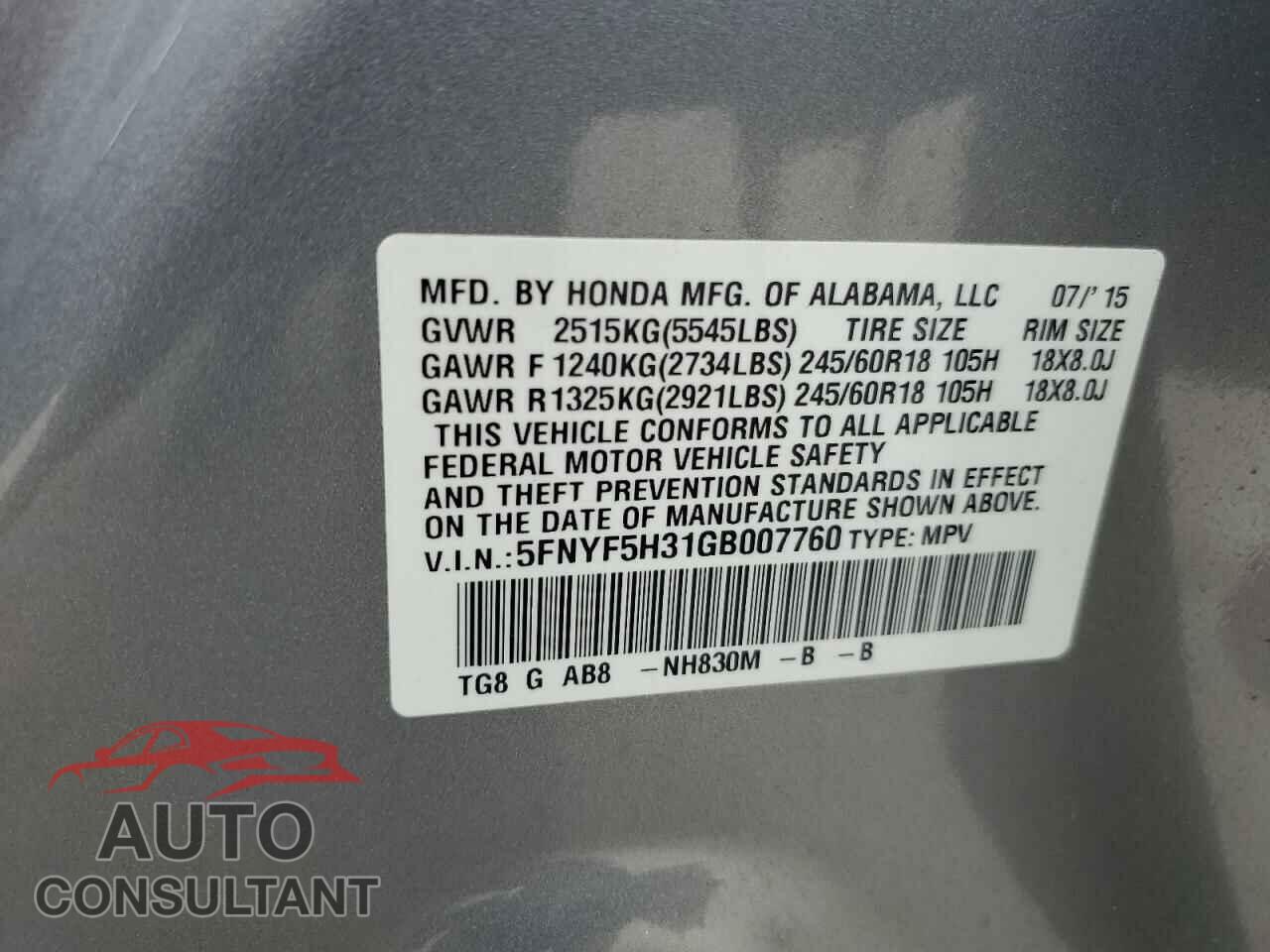 HONDA PILOT 2016 - 5FNYF5H31GB007760