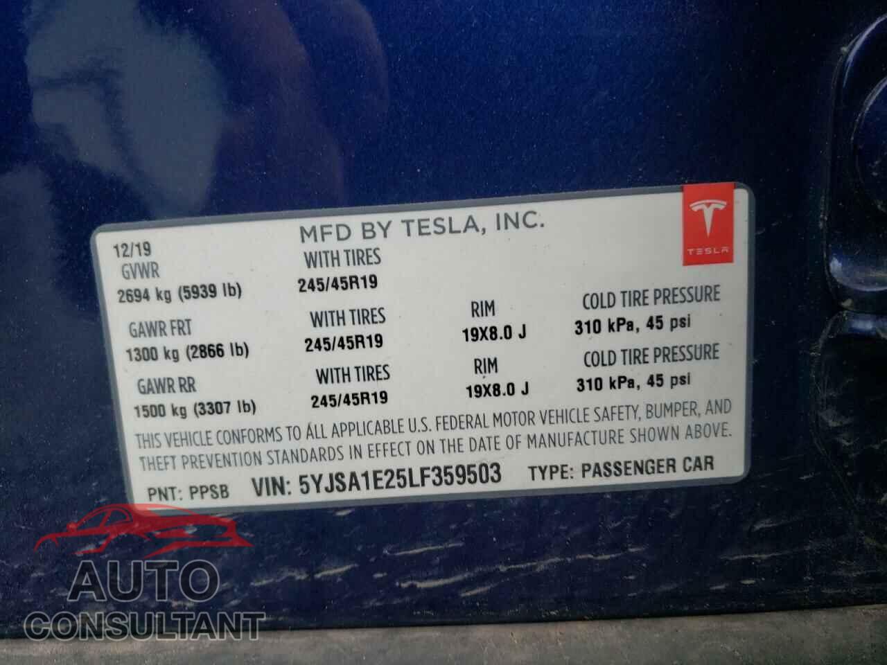 TESLA MODEL S 2020 - 5YJSA1E25LF359503
