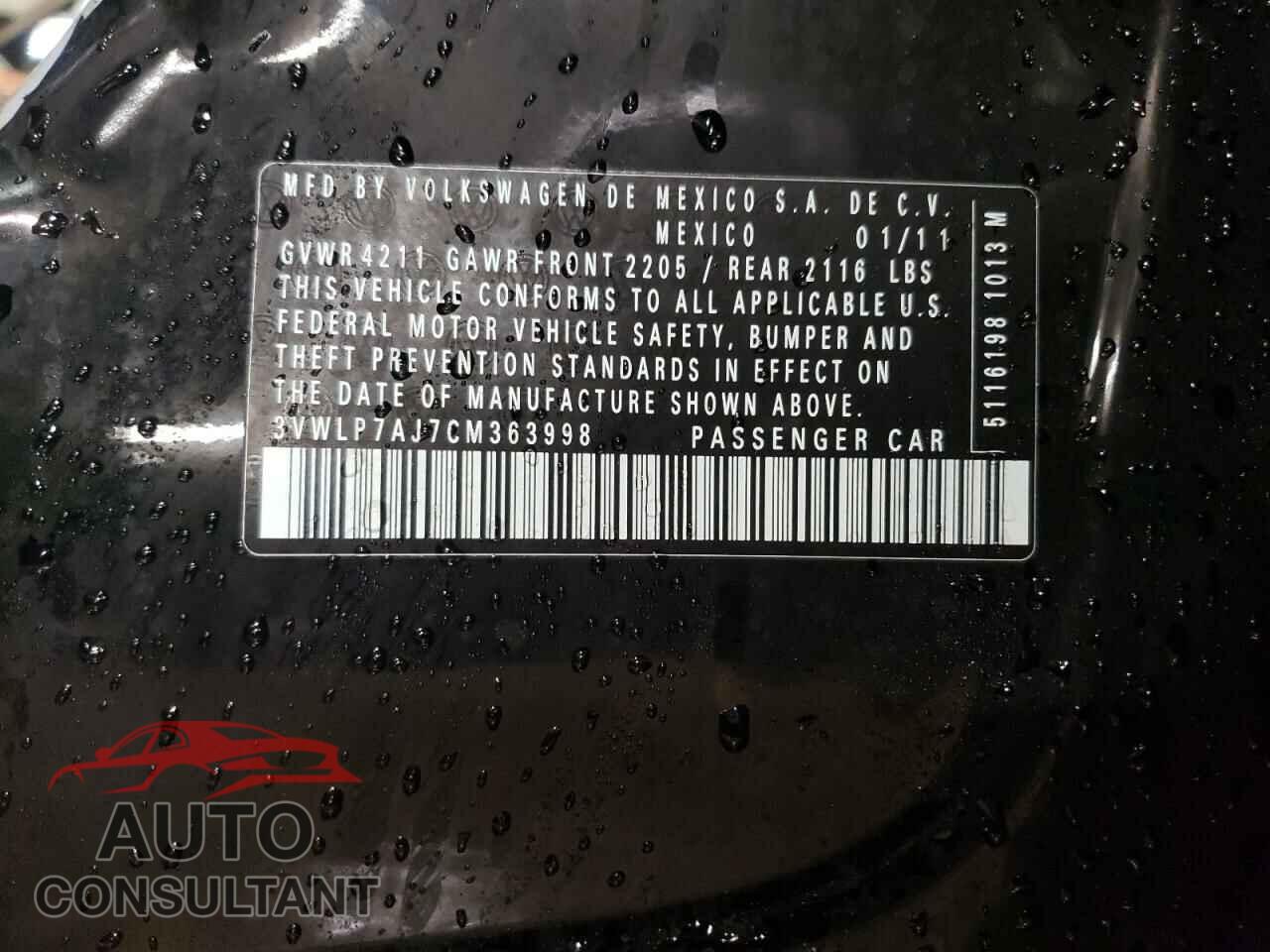 VOLKSWAGEN JETTA 2012 - 3VWLP7AJ7CM363998