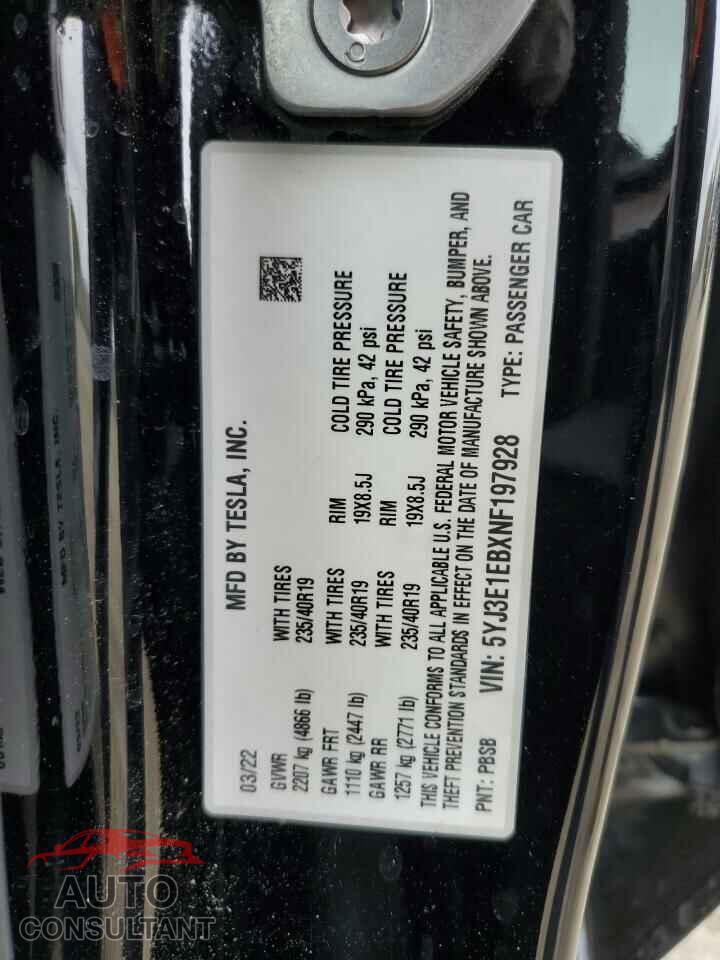 TESLA MODEL 3 2022 - 5YJ3E1EBXNF197928