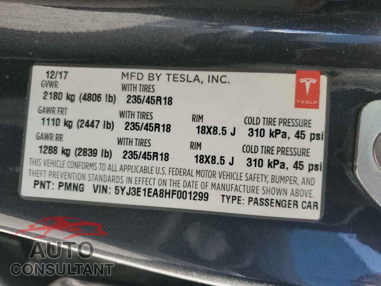TESLA MODEL 3 2017 - 5YJ3E1EA8HF001299