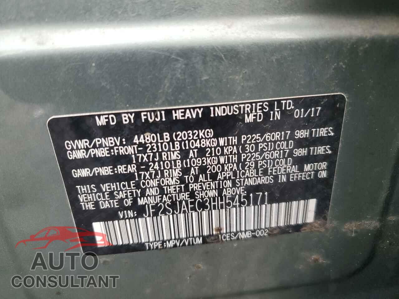 SUBARU FORESTER 2017 - JF2SJAEC3HH545171