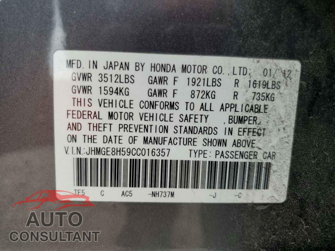 HONDA FIT 2012 - JHMGE8H59CC016357