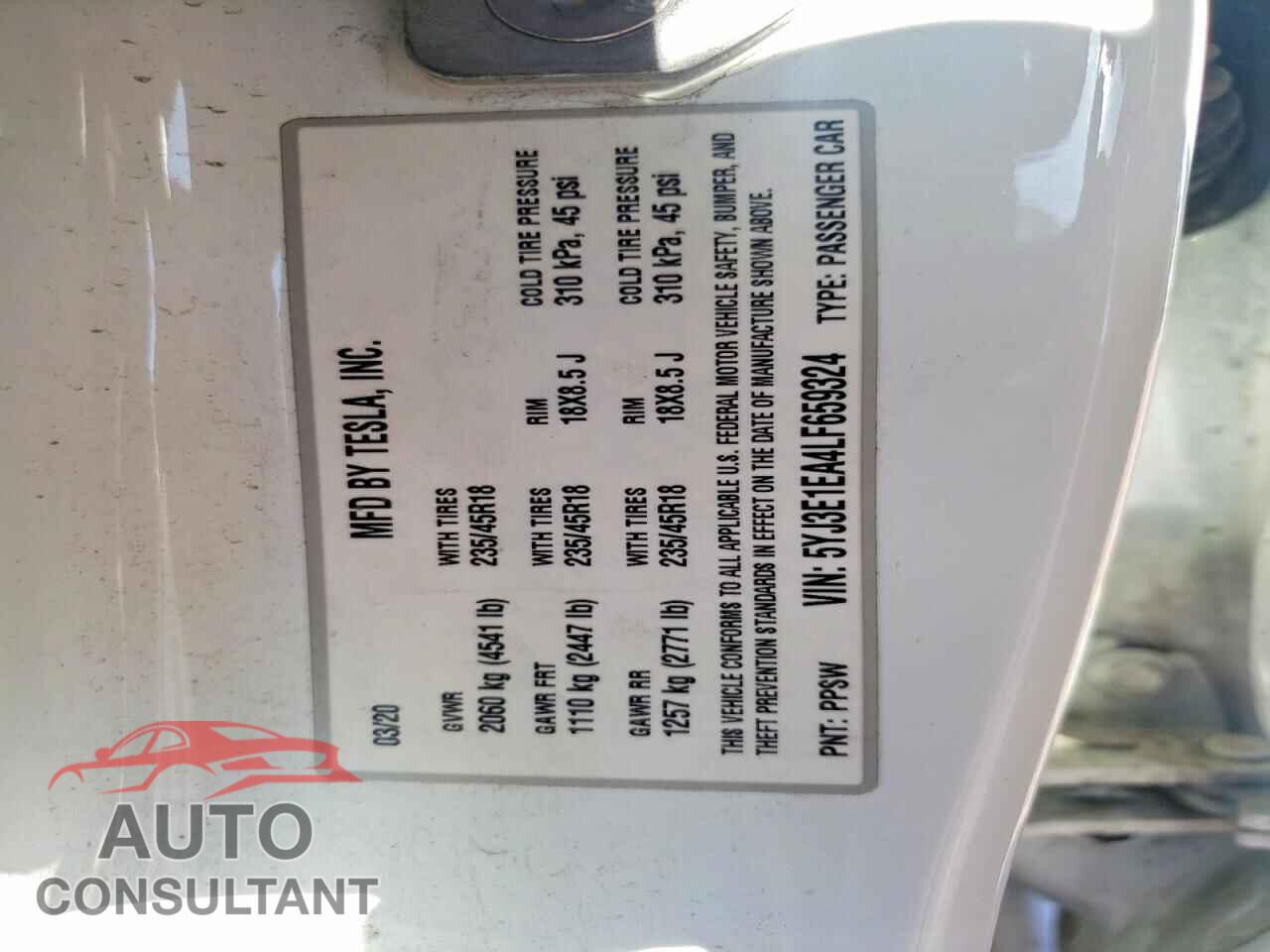 TESLA MODEL 3 2020 - 5YJ3E1EA4LF659324