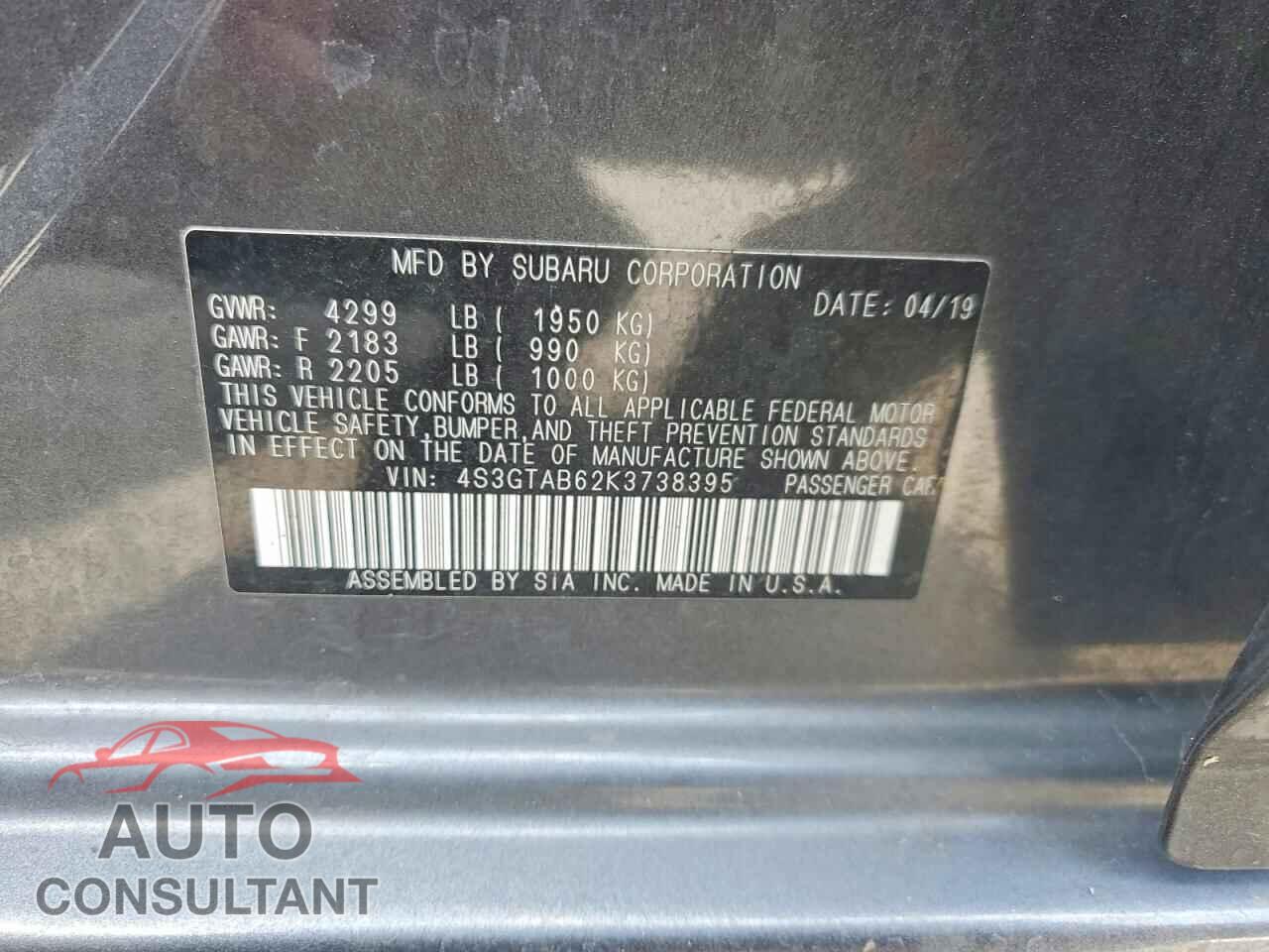 SUBARU IMPREZA 2019 - 4S3GTAB62K3738395