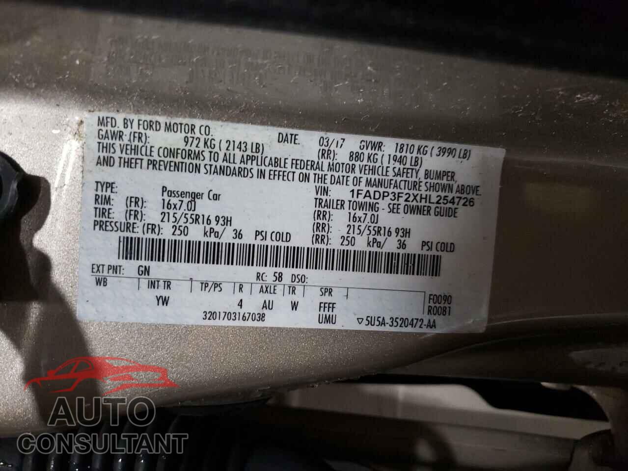 FORD FOCUS 2017 - 1FADP3F2XHL254726