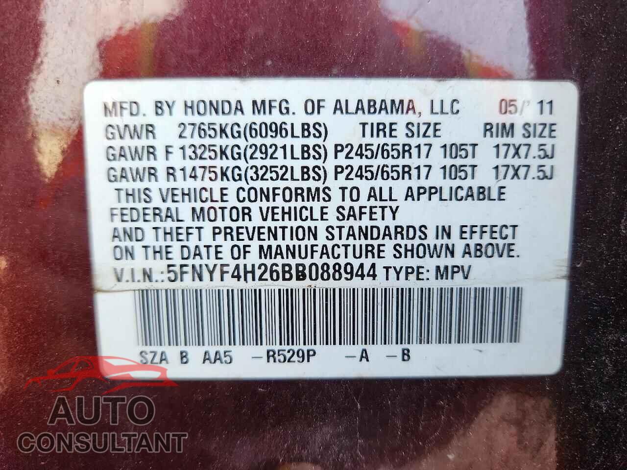 HONDA PILOT 2011 - 5FNYF4H26BB088944