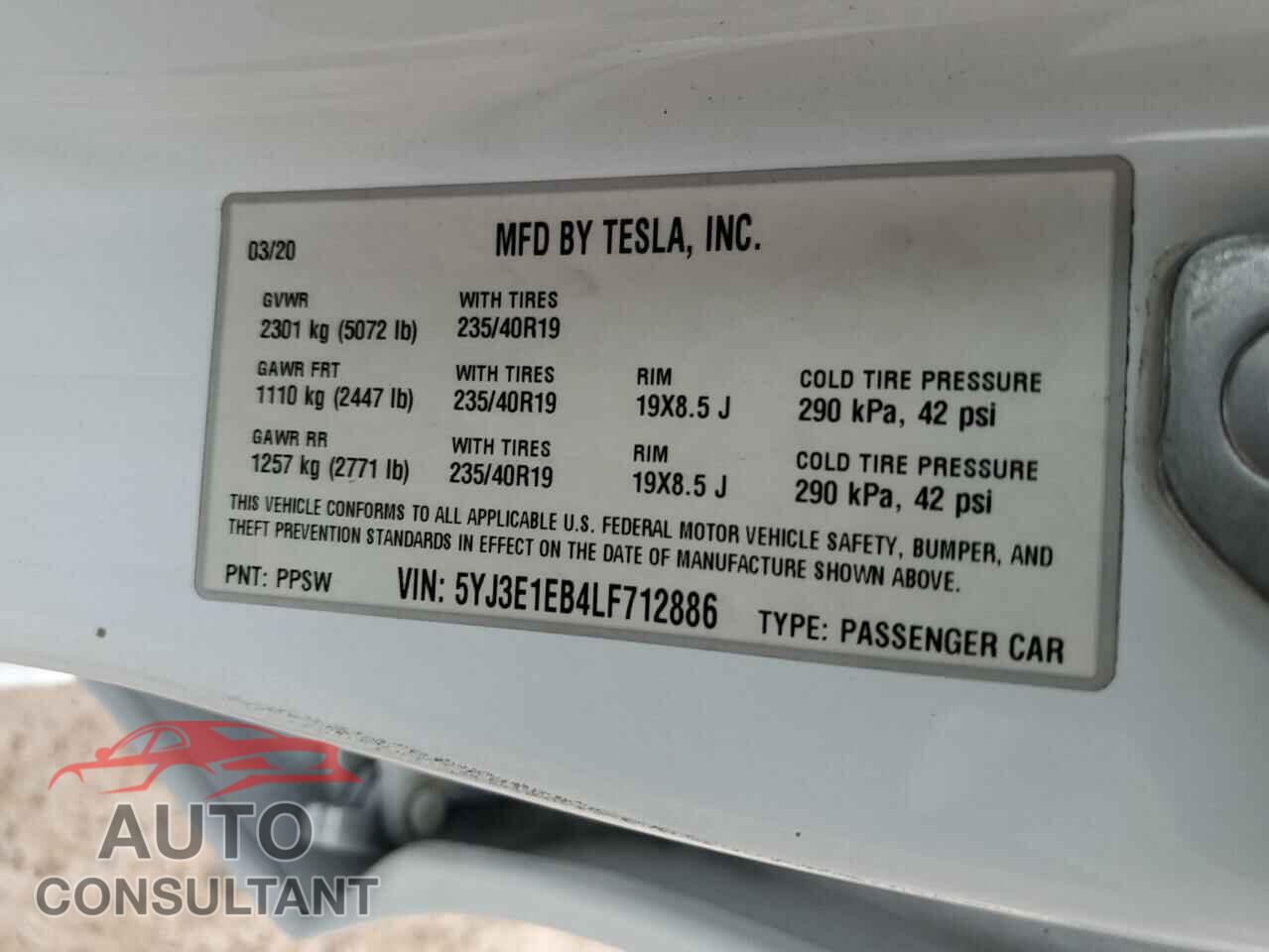 TESLA MODEL 3 2020 - 5YJ3E1EB4LF712886