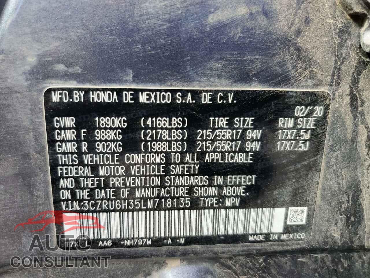 HONDA HR-V 2020 - 3CZRU6H35LM718135