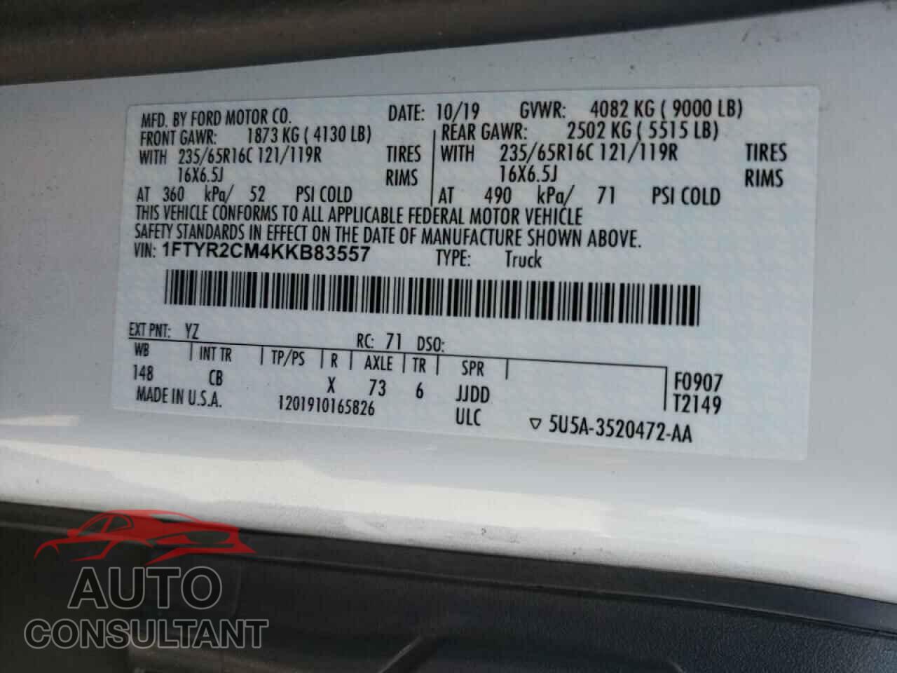 FORD TRANSIT CO 2019 - 1FTYR2CM4KKB83557