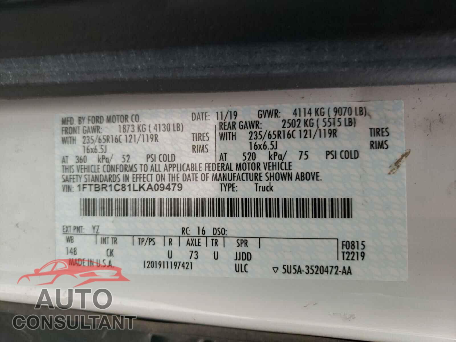 FORD TRANSIT CO 2020 - 1FTBR1C81LKA09479