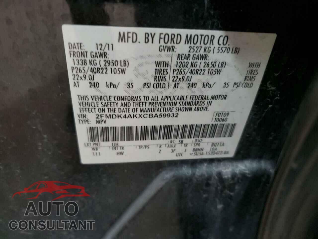FORD EDGE 2012 - 2FMDK4AKXCBA59932