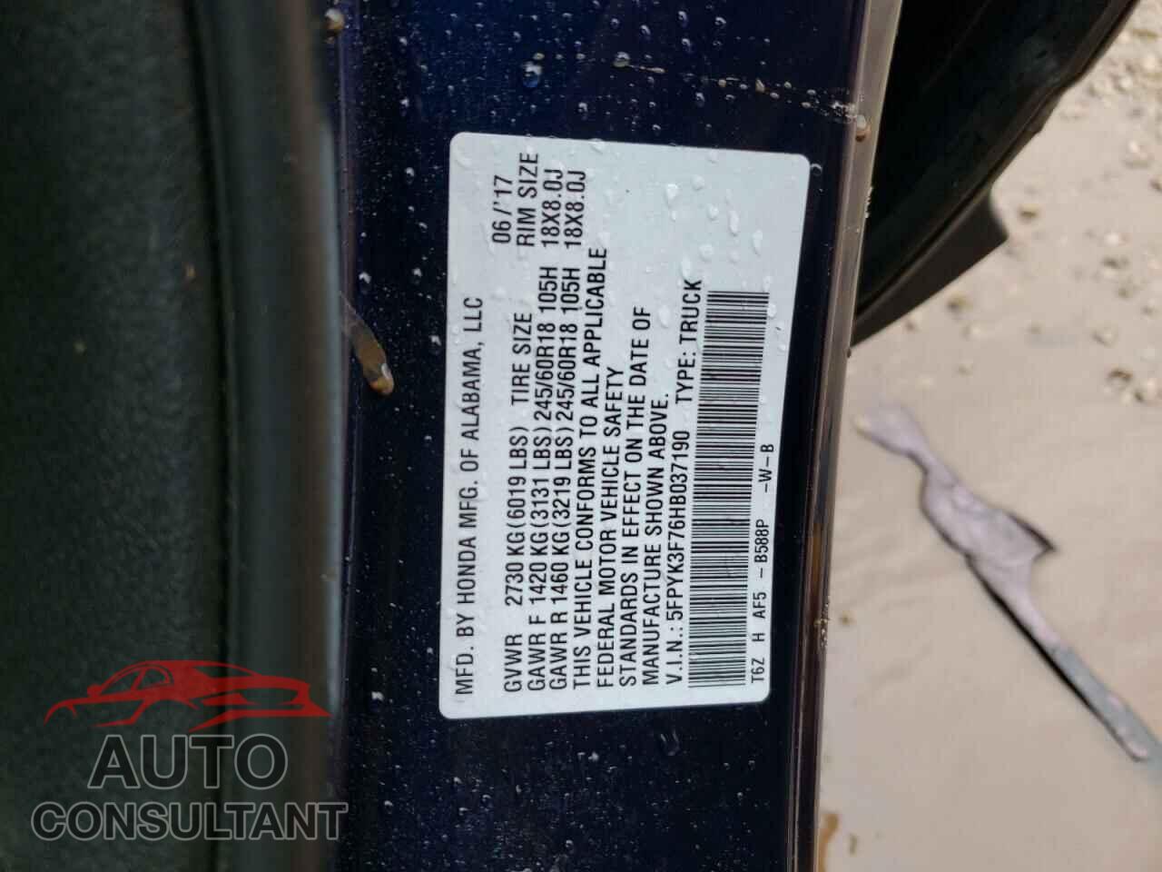 HONDA RIDGELINE 2017 - 5FPYK3F76HB037190