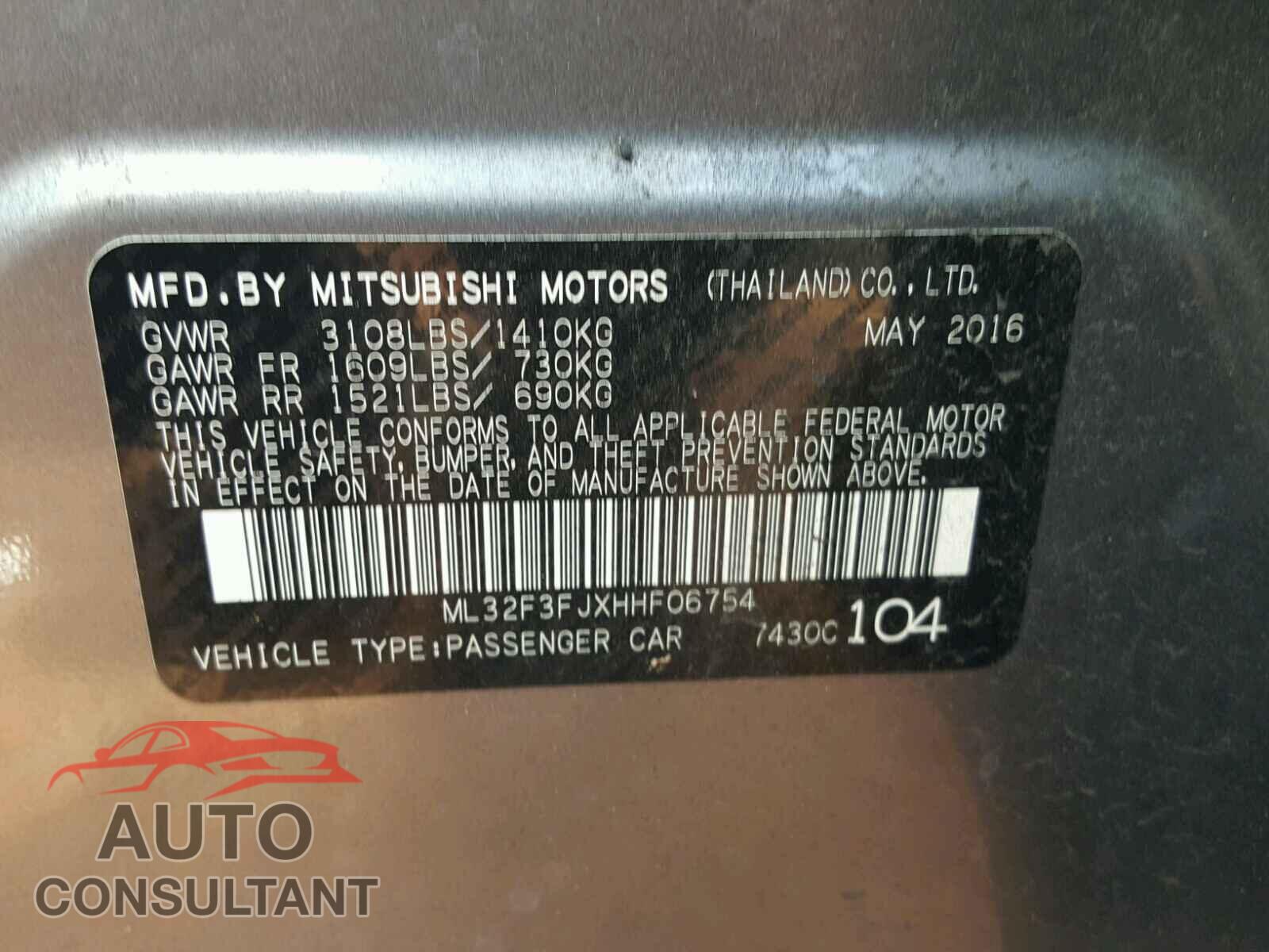 MITSUBISHI MIRAGE 2017 - ML32F3FJXHHF06754