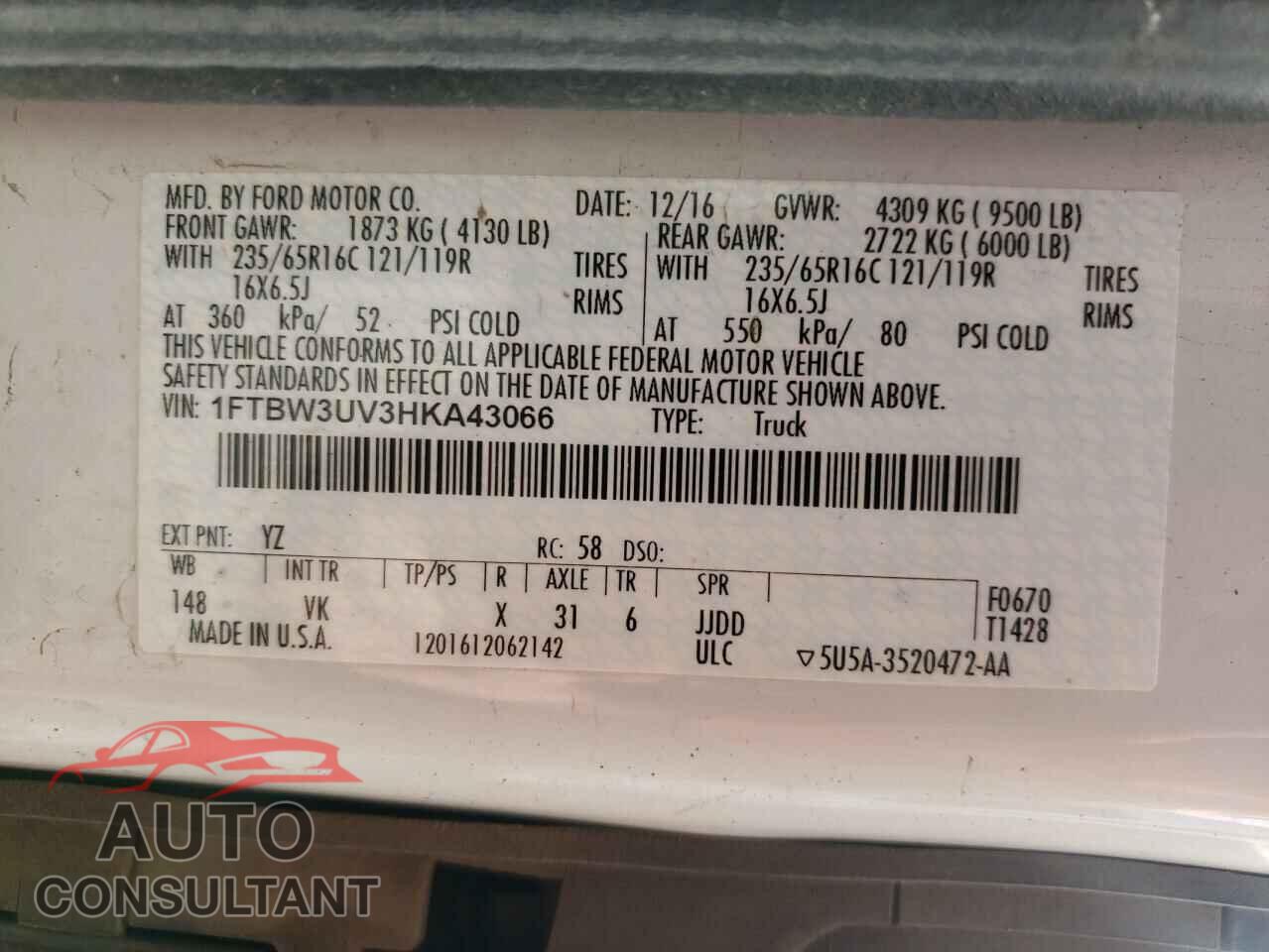 FORD TRANSIT CO 2017 - 1FTBW3UV3HKA43066