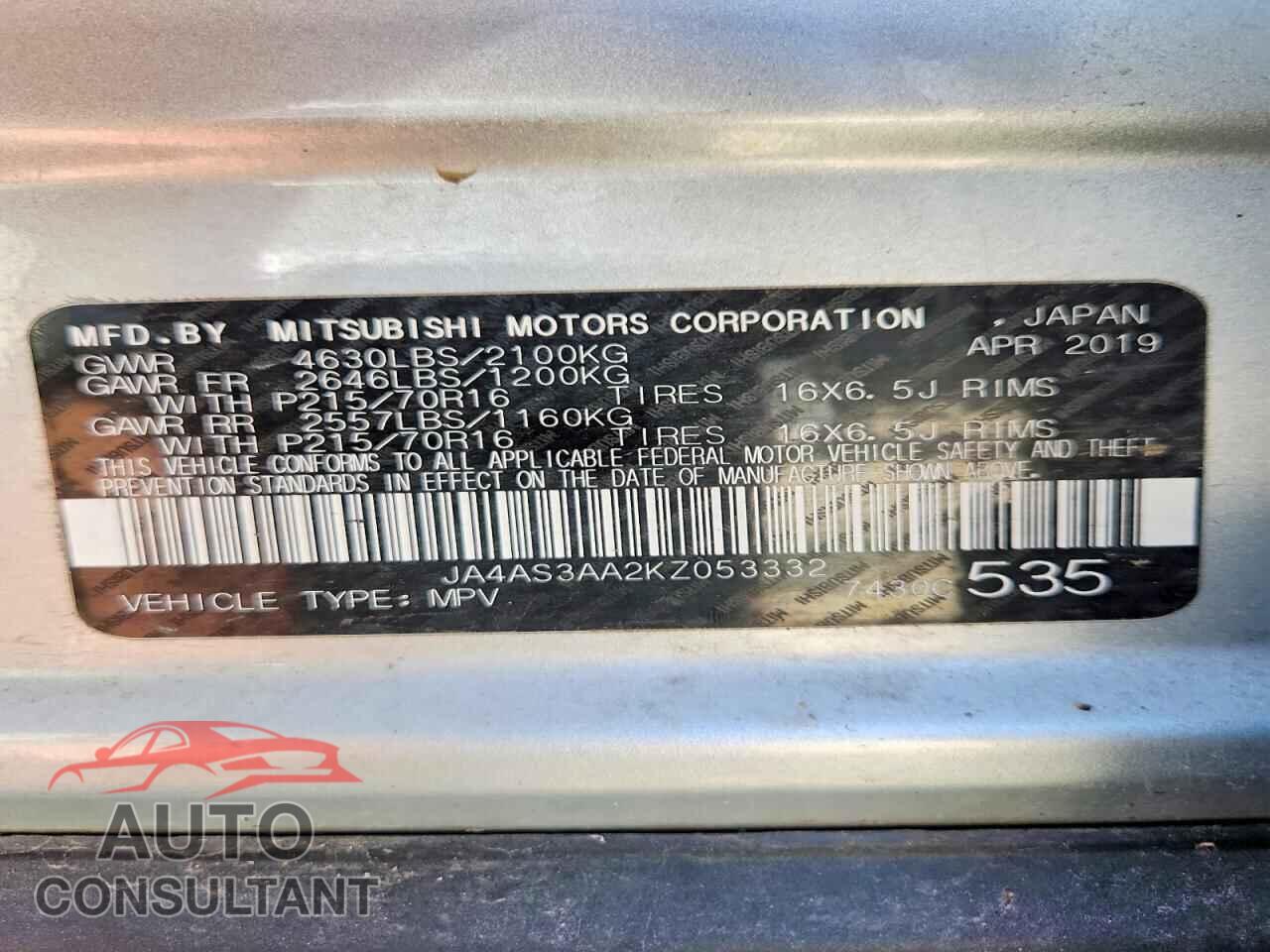 MITSUBISHI ECLIPSE 2019 - JA4AS3AA2KZ053332