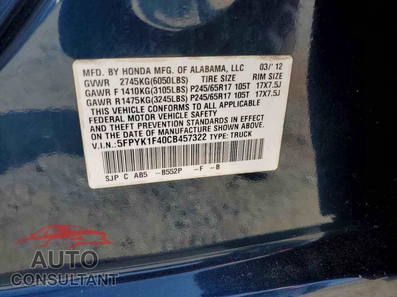 HONDA RIDGELINE 2012 - 5FPYK1F40CB457322