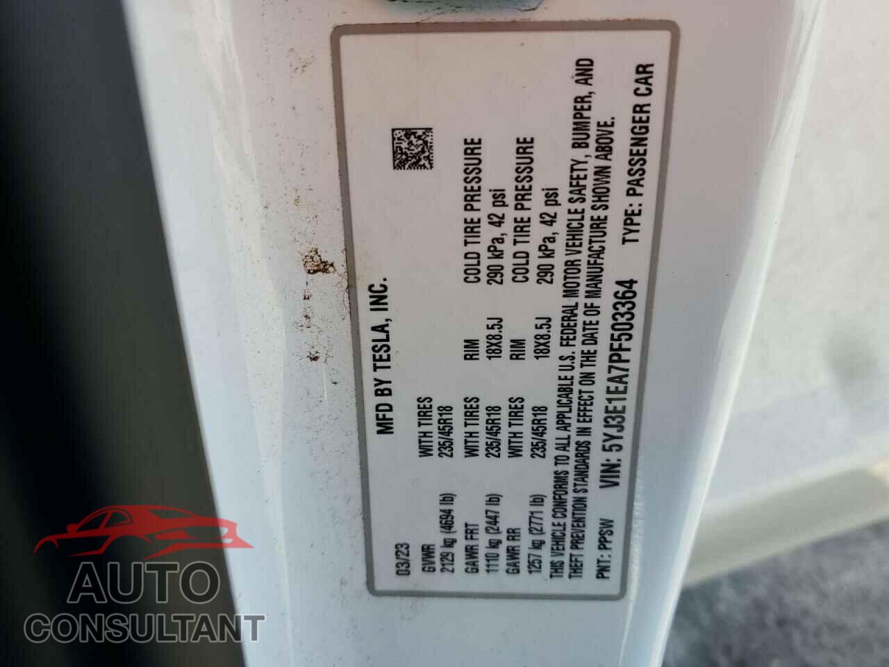 TESLA MODEL 3 2023 - 5YJ3E1EA7PF503364