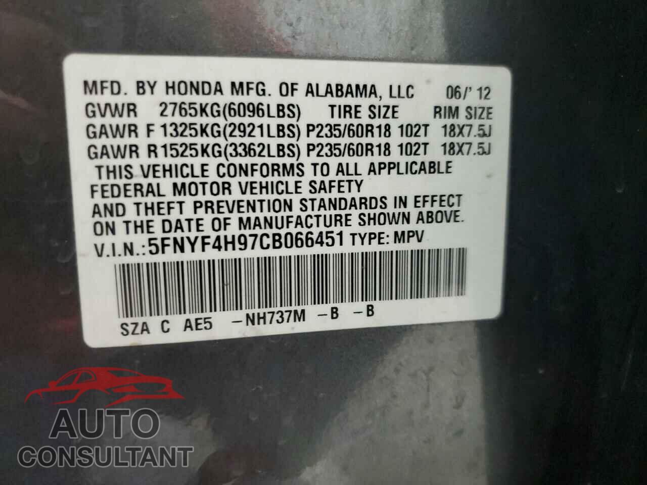 HONDA PILOT 2012 - 5FNYF4H97CB066451