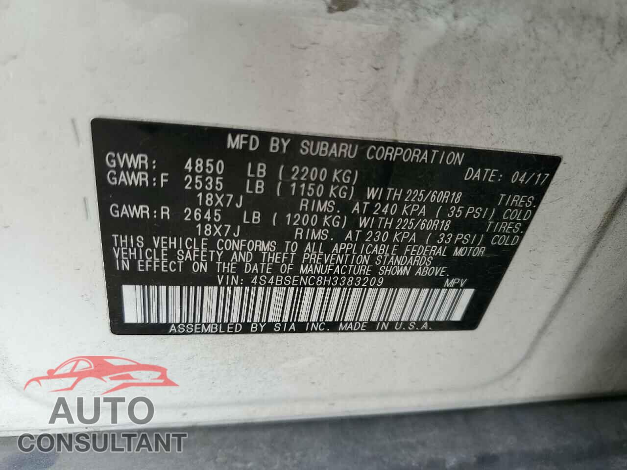 SUBARU OUTBACK 2017 - 4S4BSENC8H3383209