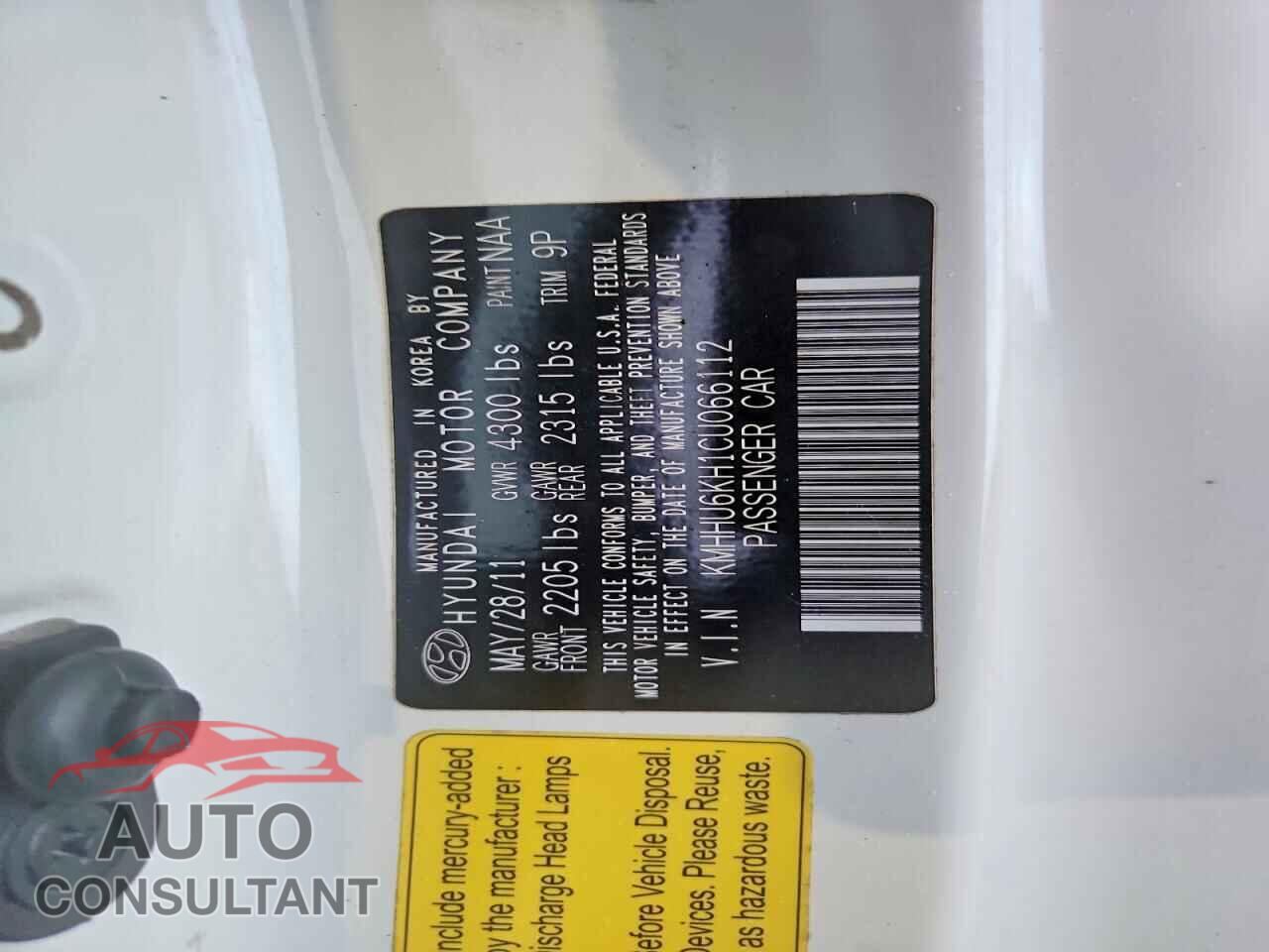 HYUNDAI GENESIS 2012 - KMHHU6KH1CU066112