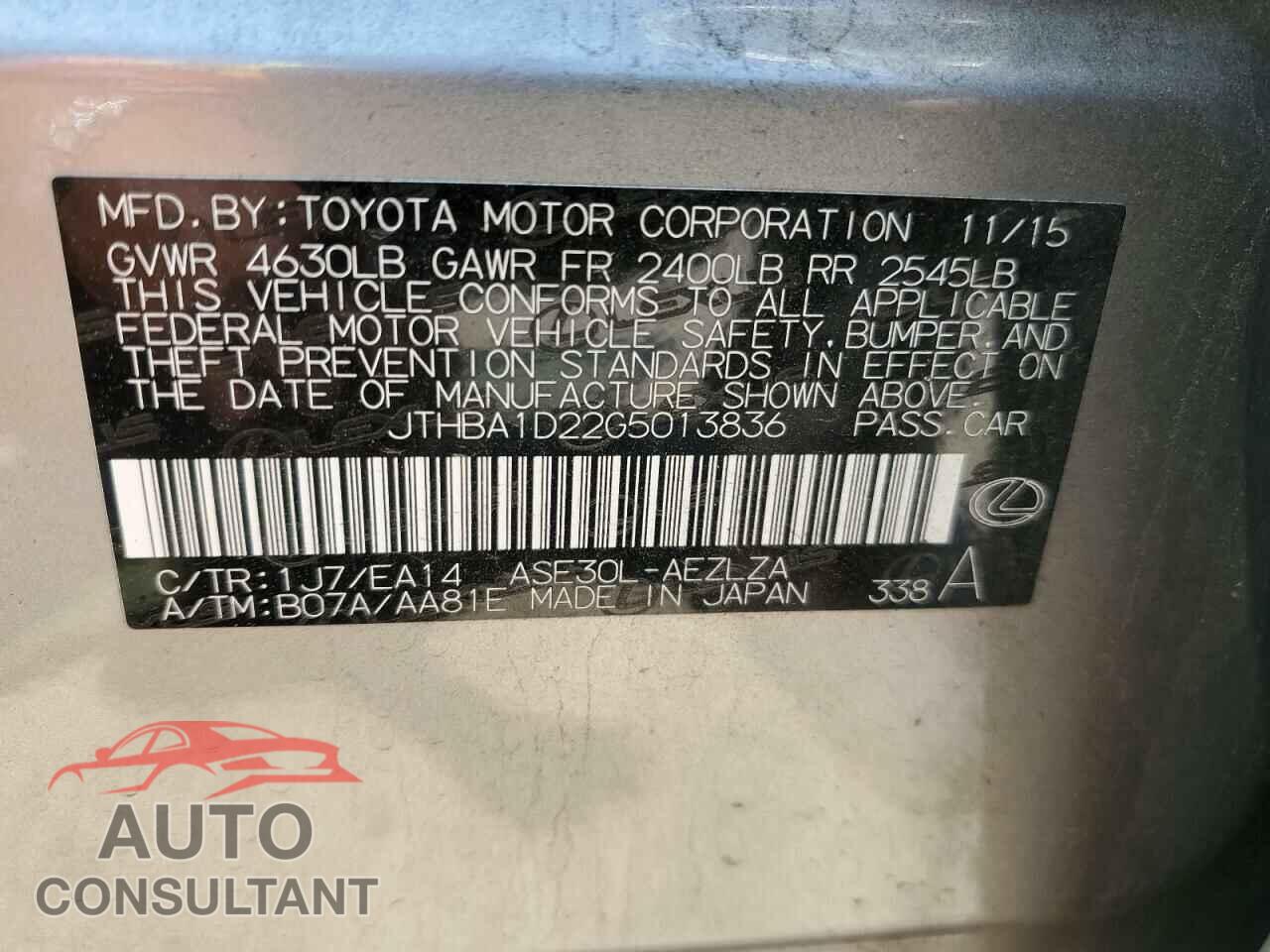 LEXUS IS 2016 - JTHBA1D22G5013836