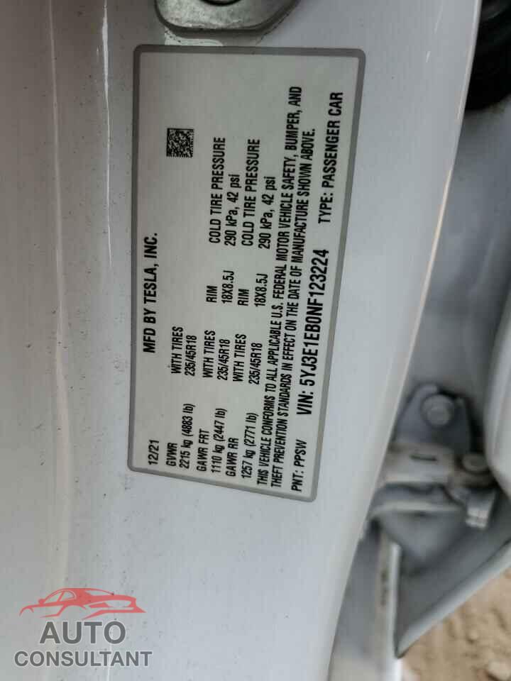 TESLA MODEL 3 2022 - 5YJ3E1EB0NF123224