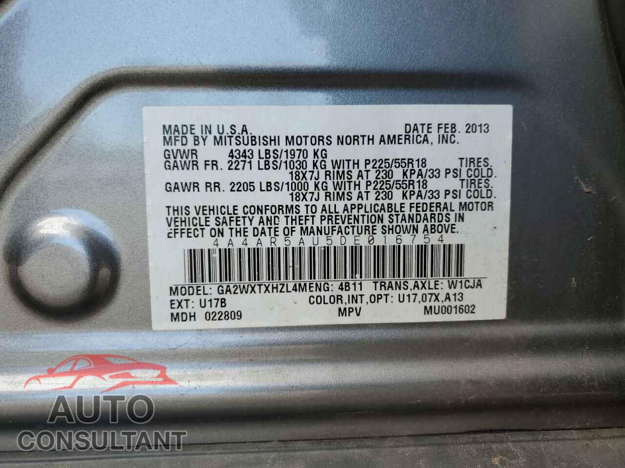 MITSUBISHI OUTLANDER 2013 - 4A4AR5AU5DE016754