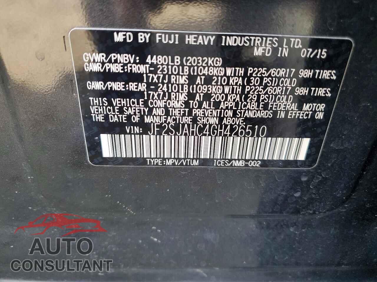 SUBARU FORESTER 2016 - JF2SJAHC4GH426510